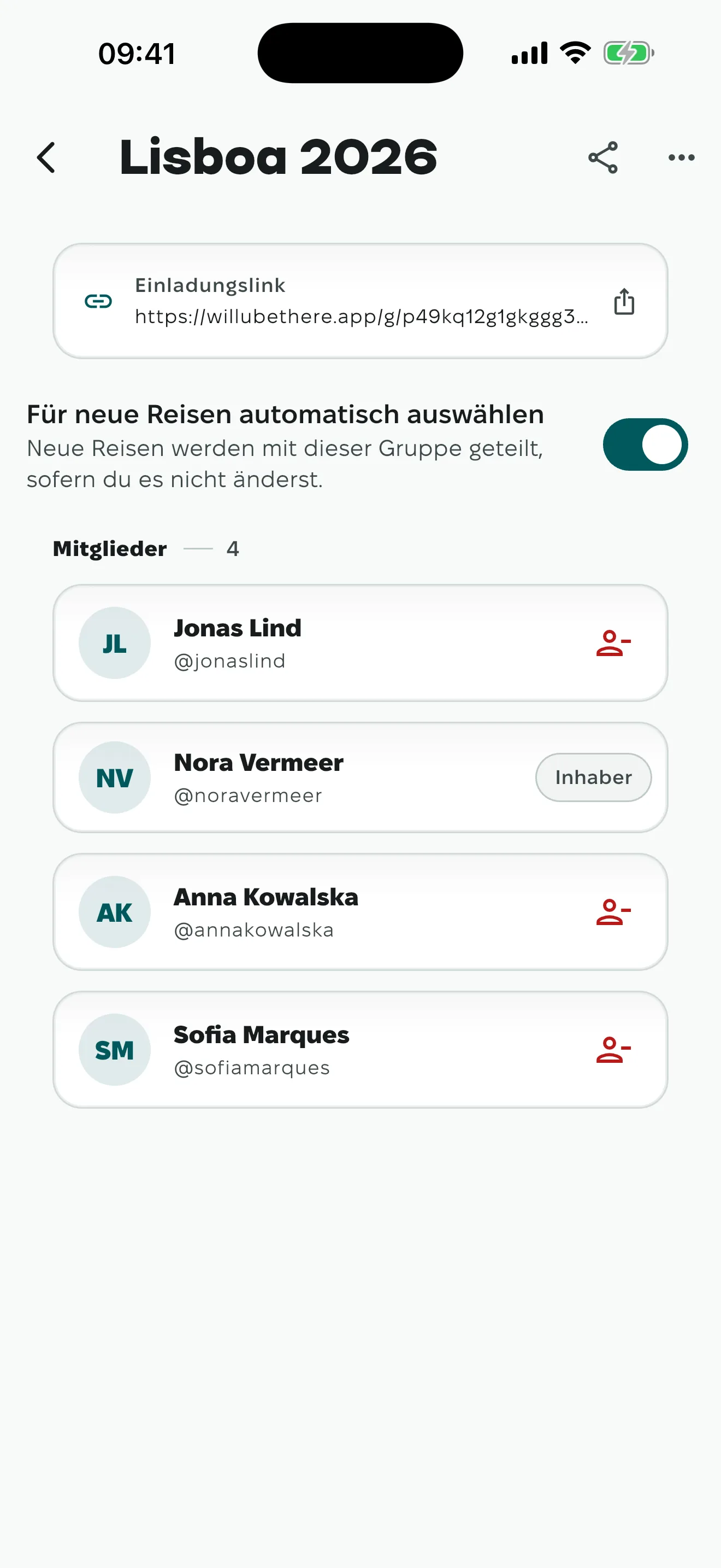 Innerhalb einer Gruppe: die Mitglieder und der Einladungslink, den der Inhaber zurücksetzen kann.