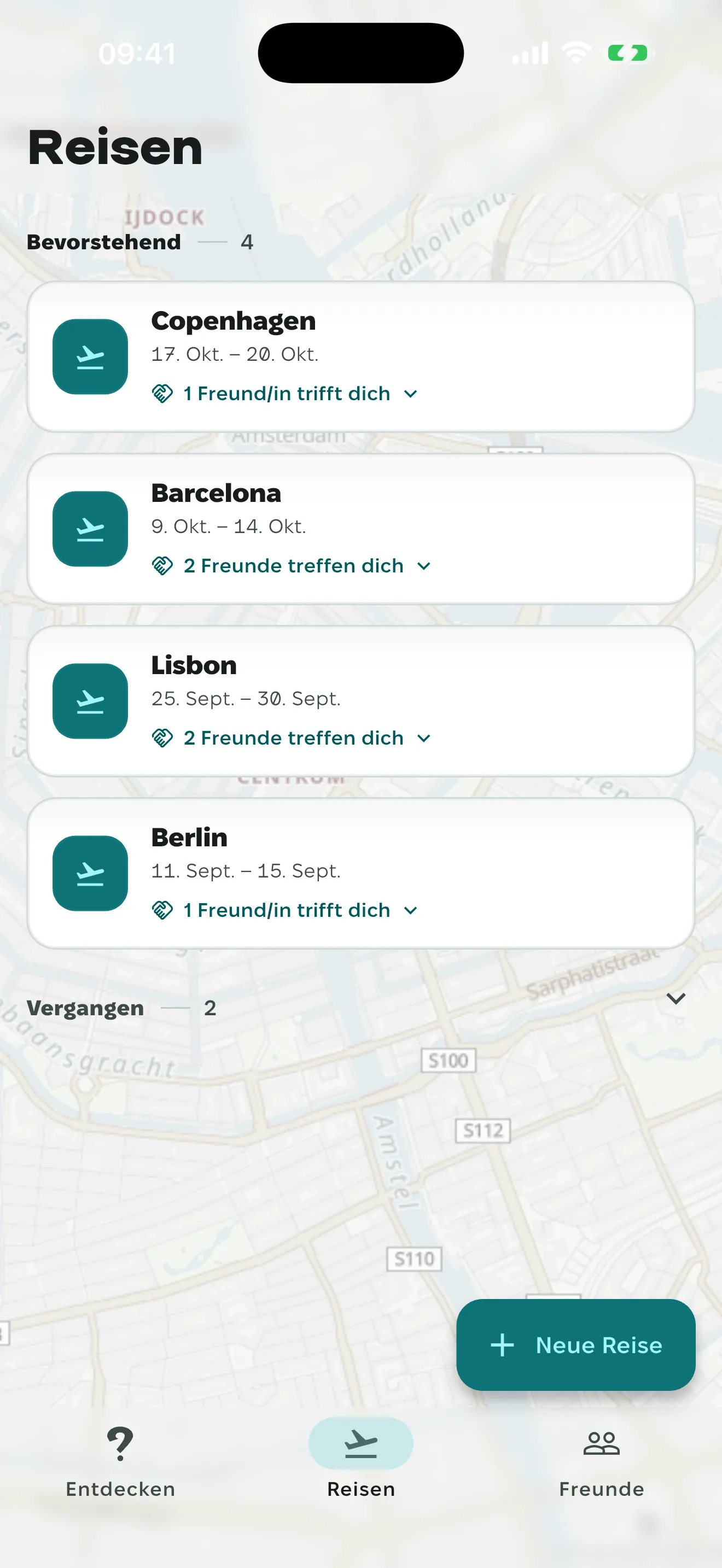 Eine Zeile in der Reiseliste: Lissabon, darunter der Zeitraum.