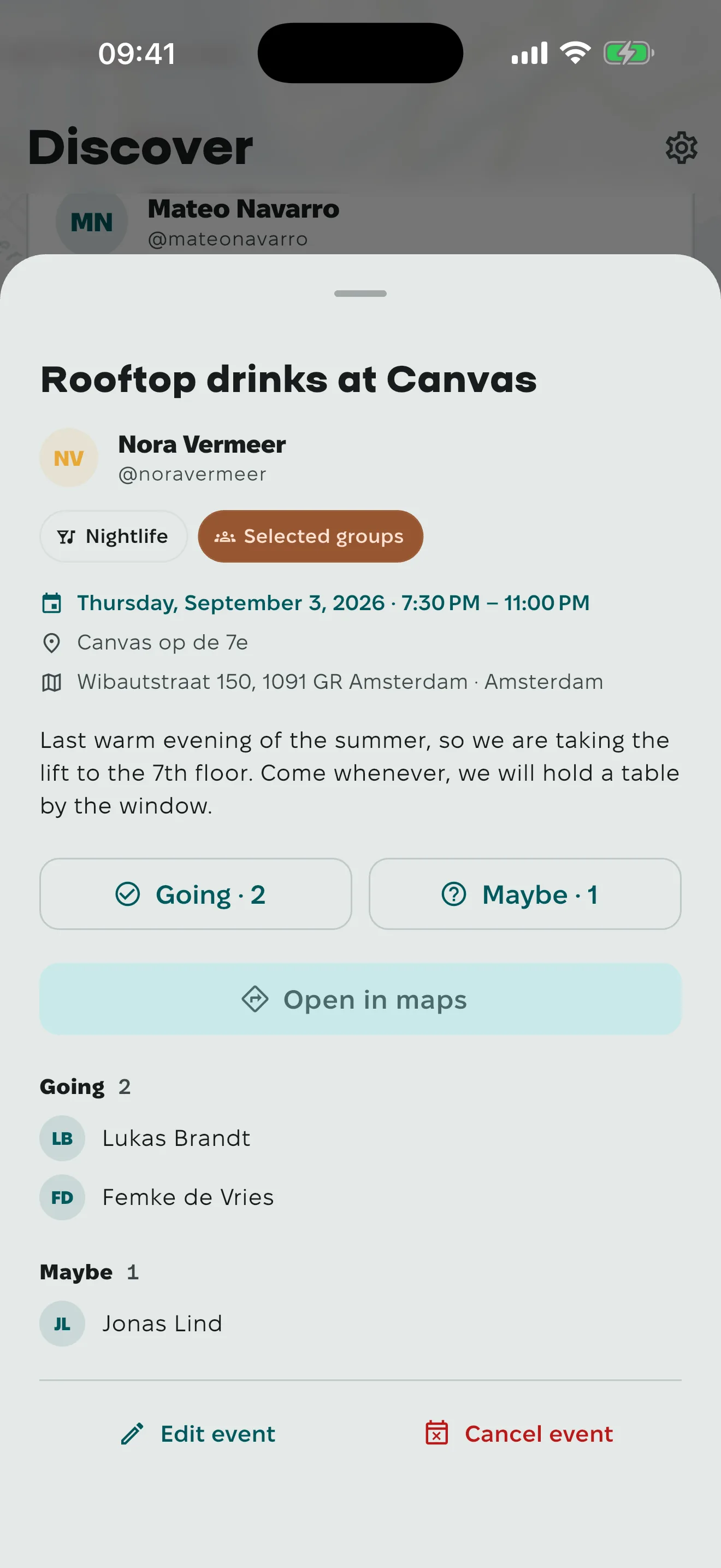 An event sheet for rooftop drinks: the address, the time, who is going and who said maybe, and an Open in maps button.