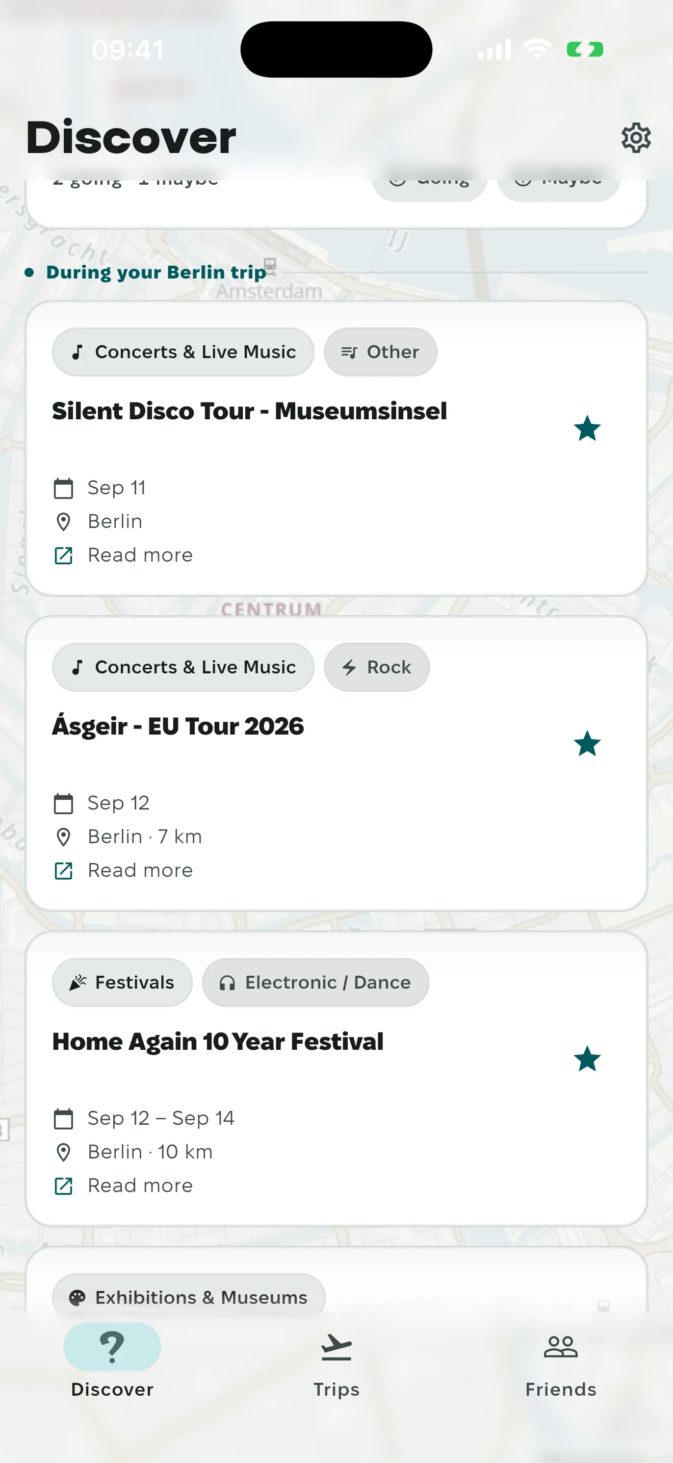 Cards in the Events tab for what is on near the trip, with the filter button up top.