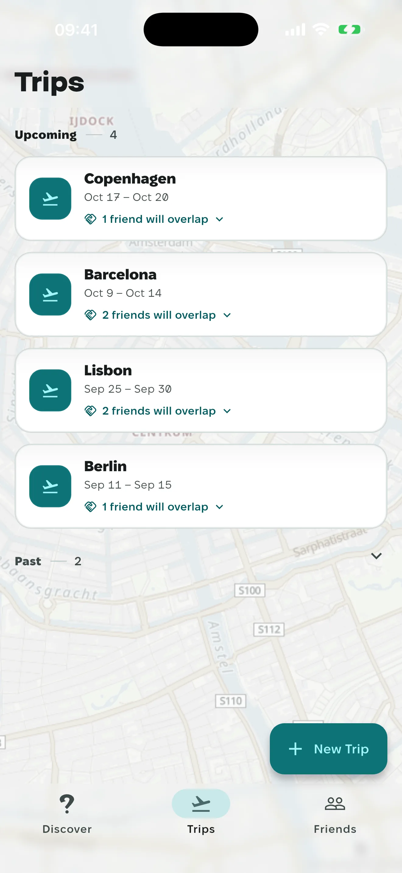 A trip row showing Lisbon and the dates underneath it.