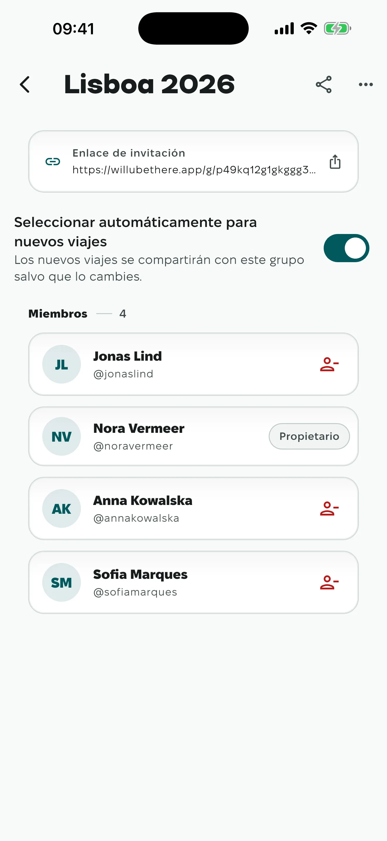 Dentro de un grupo, los miembros que se han unido y el enlace de invitación que el propietario puede restablecer.