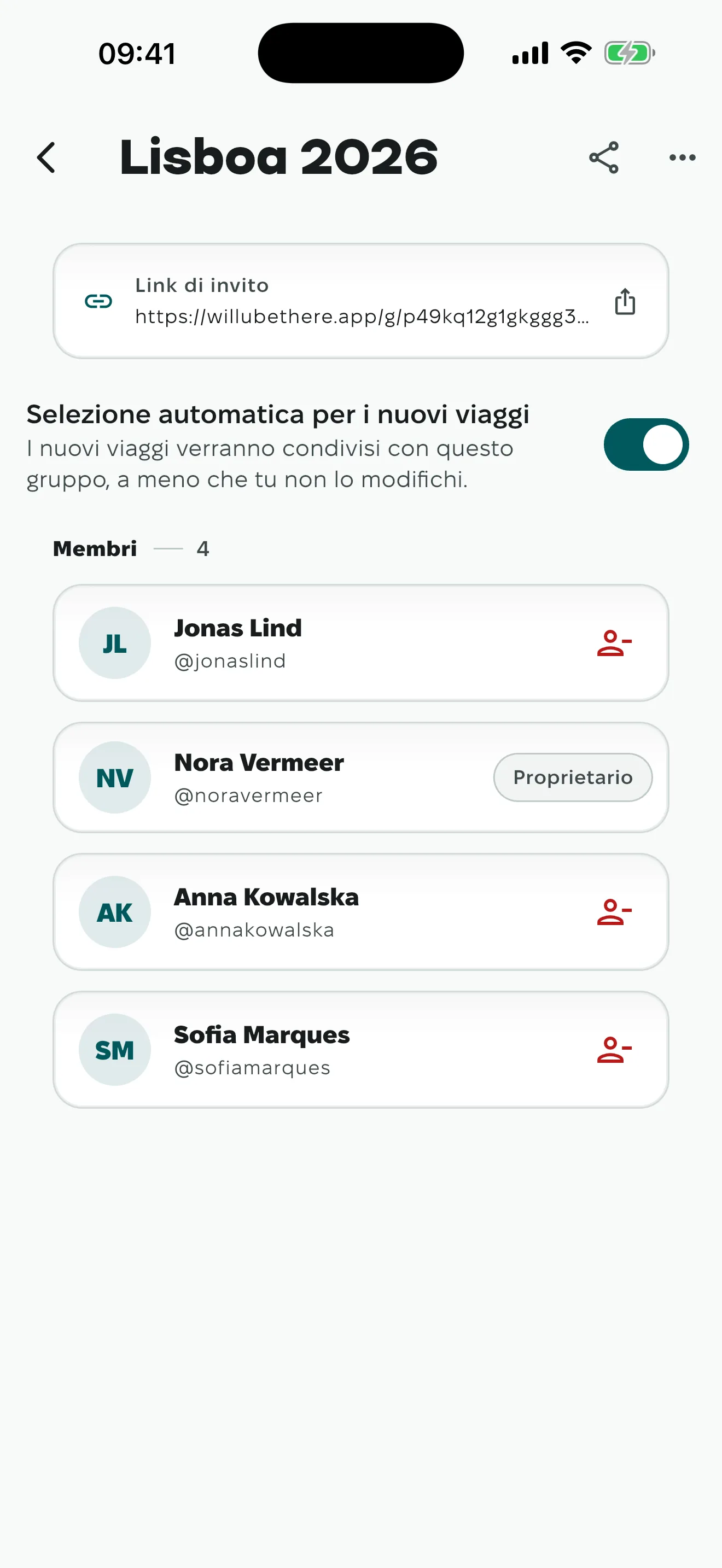 Dentro un gruppo, i membri che si sono uniti e il link di invito che il proprietario può reimpostare.