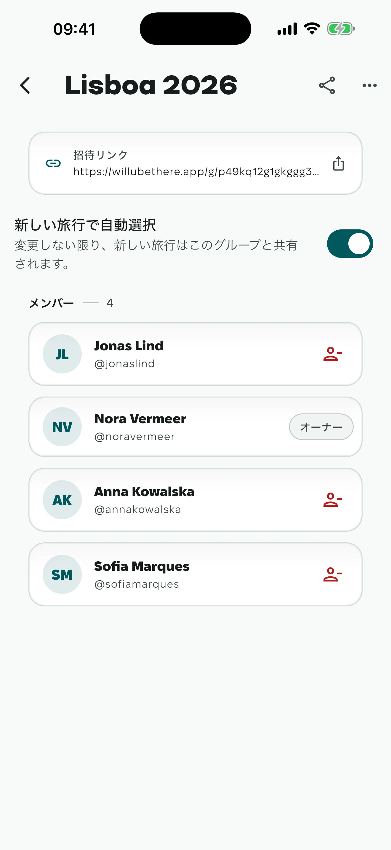 グループの中。参加しているメンバーと、オーナーがリセットできる招待リンク。