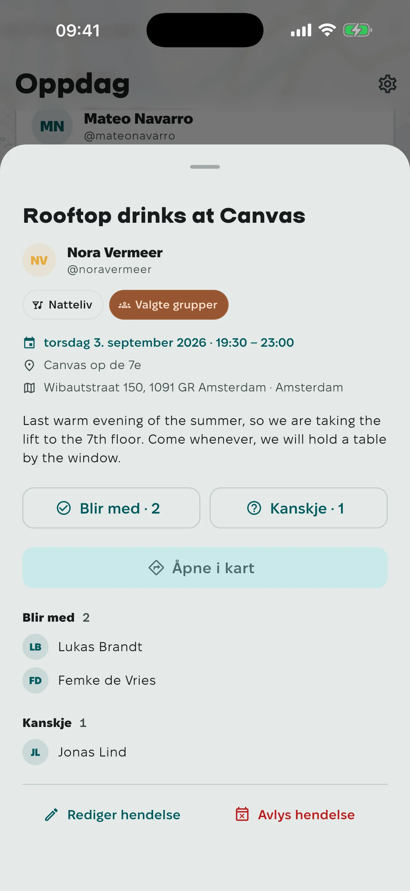 Et hendelsesark for drinker på taket: adressen, tidspunktet, hvem som svarte Blir med eller Kanskje, og knappen «Åpne i kart».