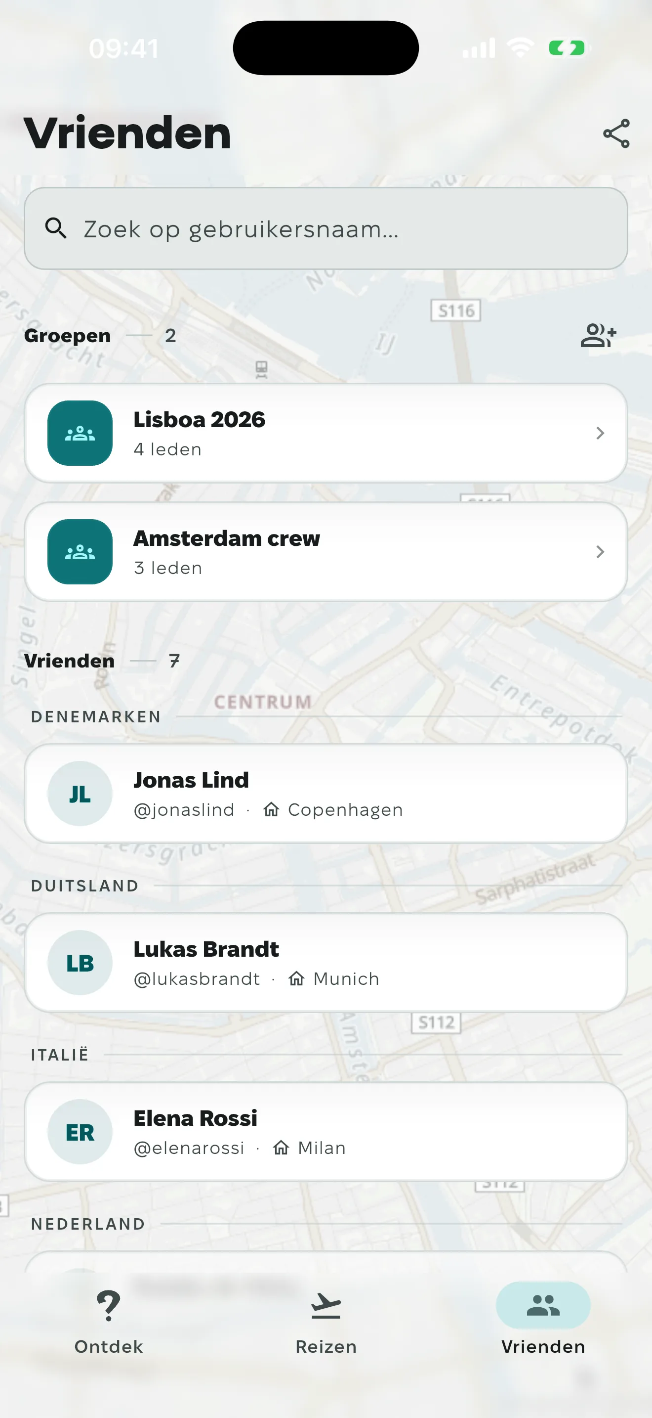 De zoekbalk voor gebruikersnamen, met één resultaat en de knop om meteen een verzoek te sturen.