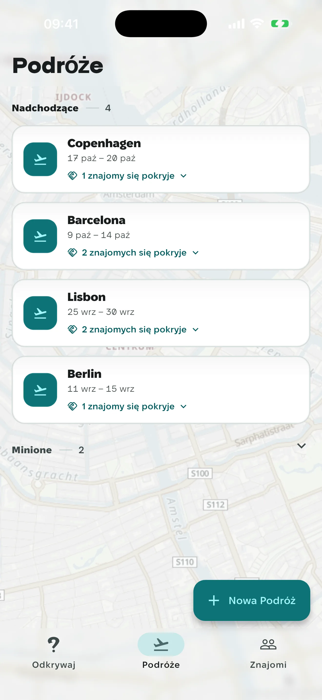 Pozycja podróży na liście, z Lizboną i datami pod spodem.