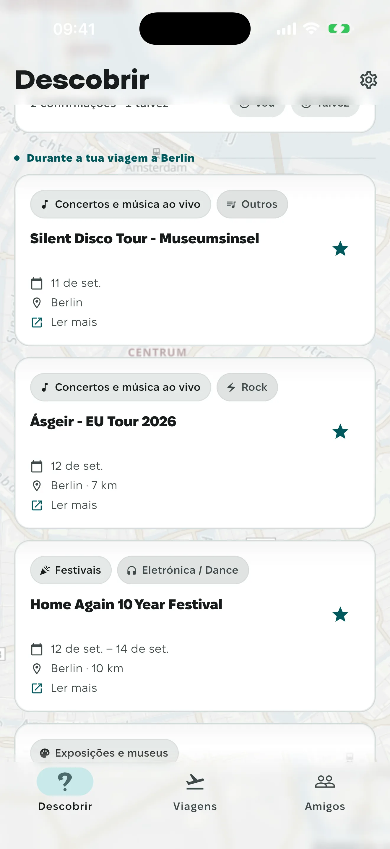 Cards da aba Eventos com o que acontece perto da viagem, e o botão de filtro no topo.