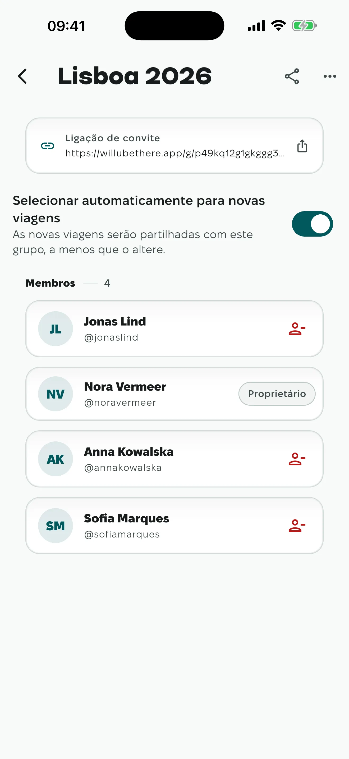 Dentro de um grupo, os membros que entraram e o link de convite que o dono pode gerar de novo.