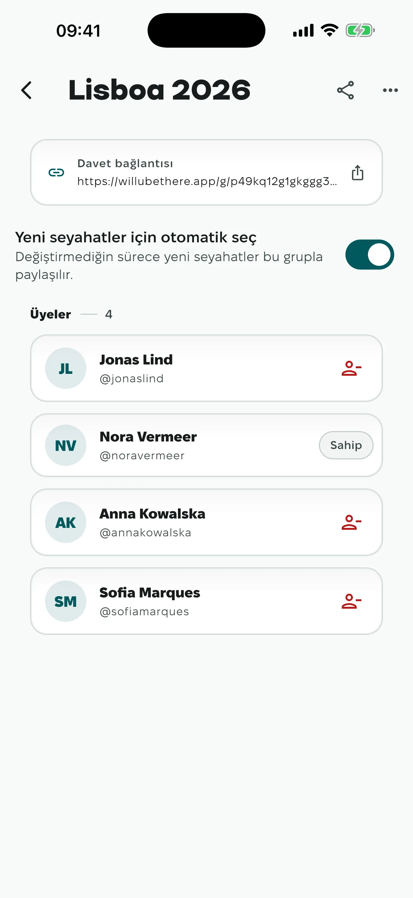 Grubun içi. Katılan üyeler ve sahibinin sıfırlayabildiği davet bağlantısı görünüyor.
