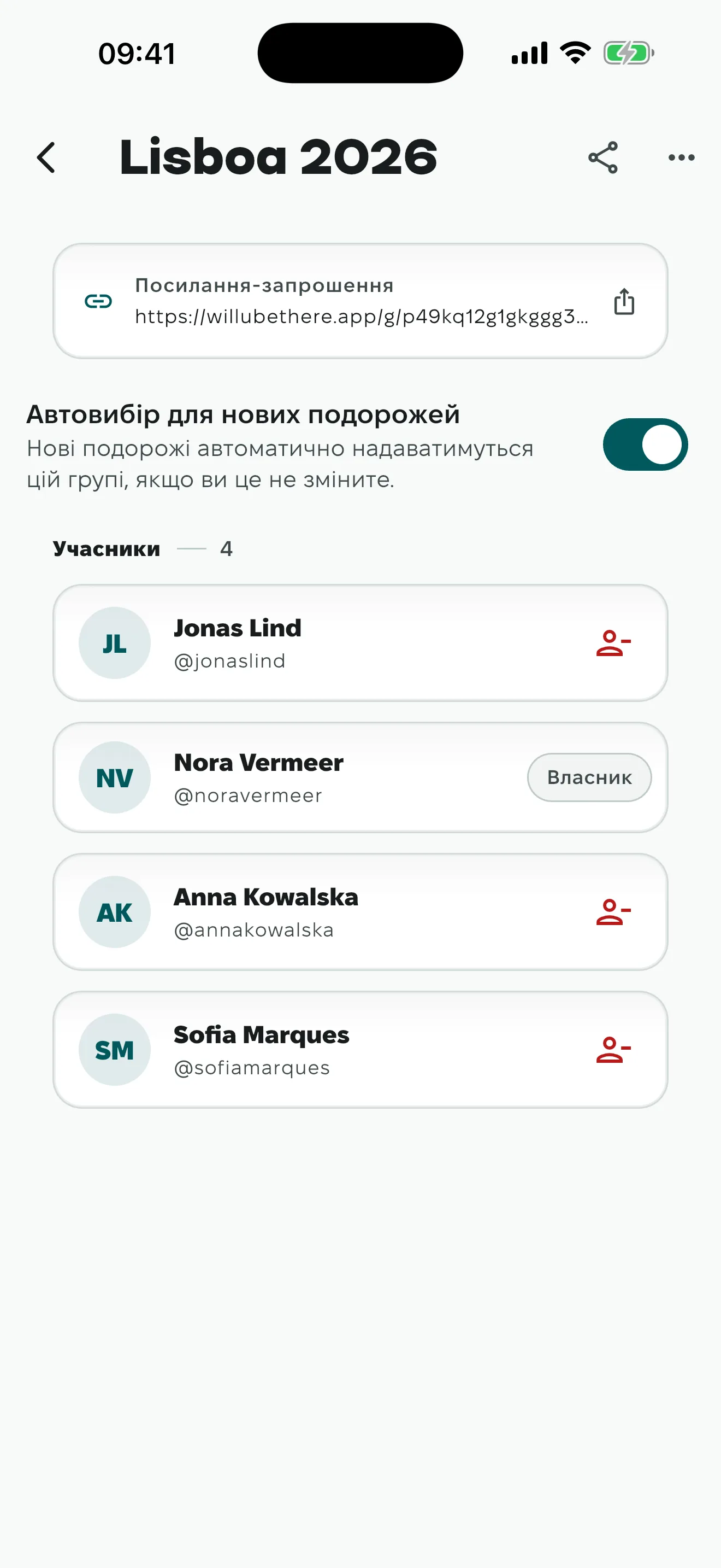 Усередині групи: учасники, які приєдналися, і посилання-запрошення, яке власник може скинути.